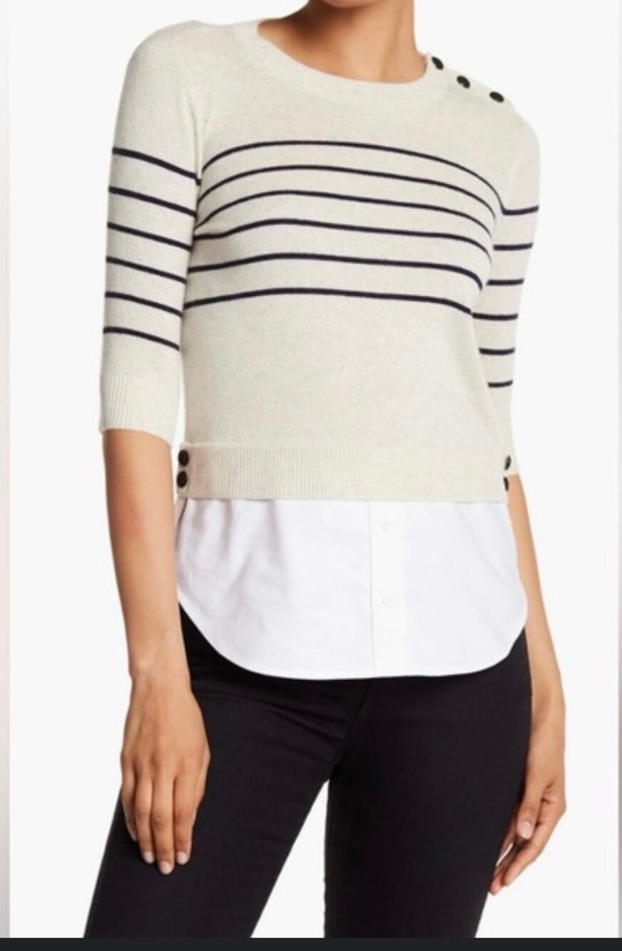 Veronica Beard Sweater Cashmere Silk Short Sleeve Beige Stripe Combo